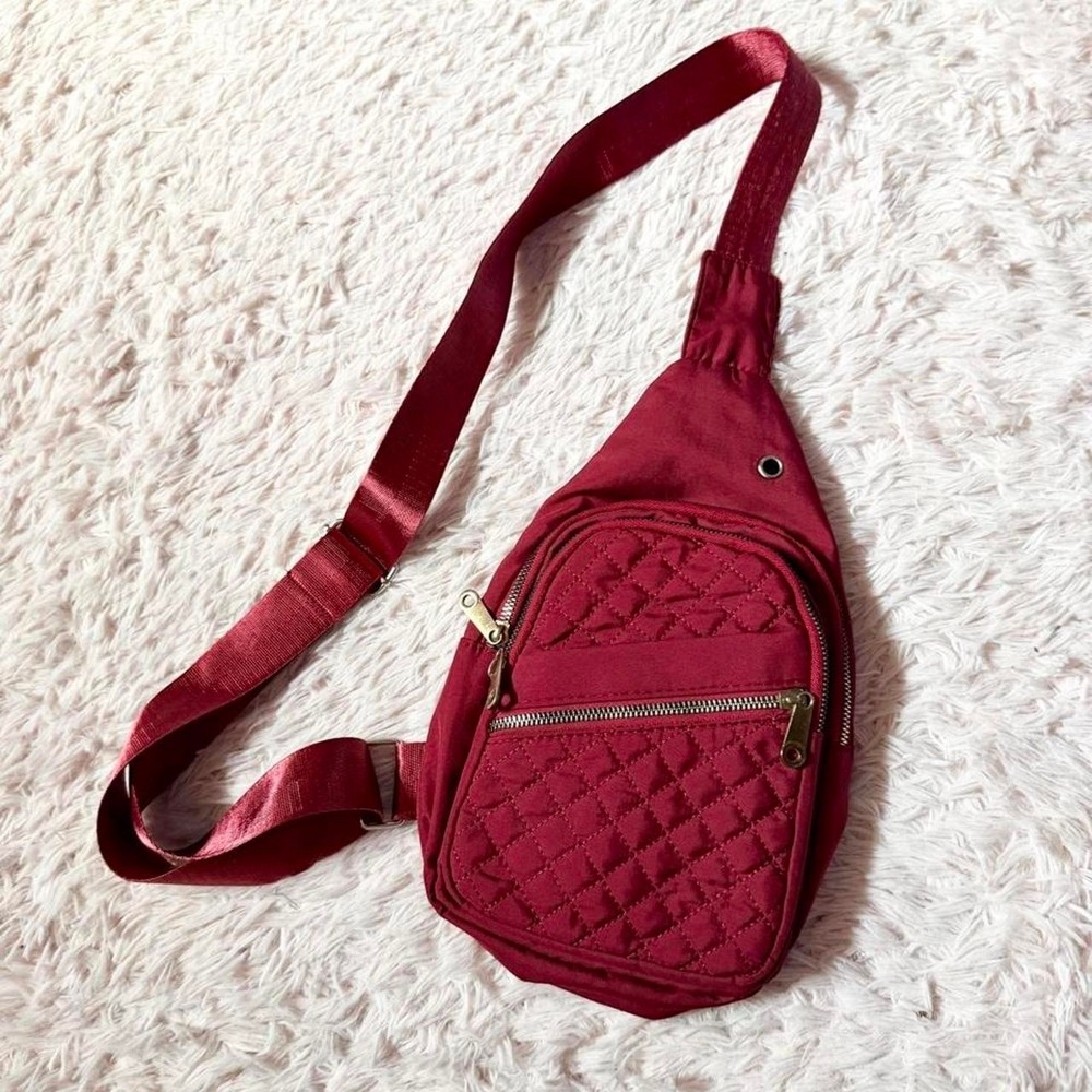 Burgundy Quilted Nylon Utility Gorpcore Antitheft Travel Sling Crossbody Bag